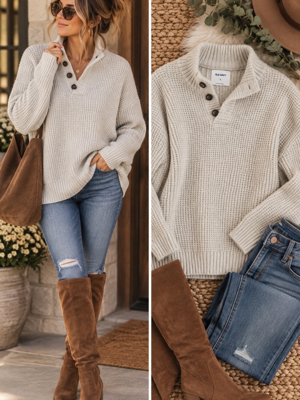 Oatmeal Cream Waffle Knit Henley Sweater Boyfriend Style Cozy Fall Button